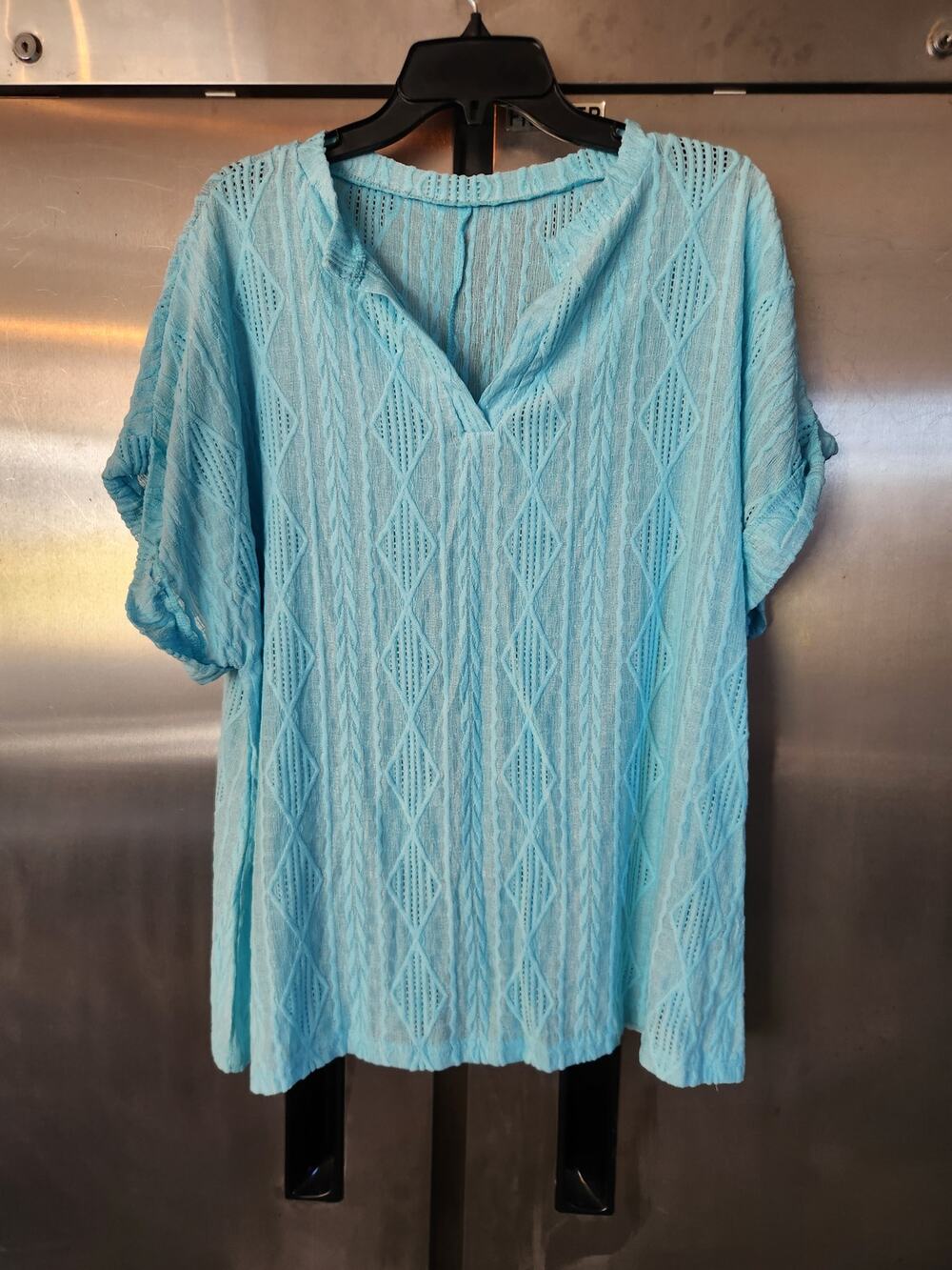 SHEIN Curve Womens Textured Knit Top 1XL | Aqua Blue Notch Neck Cuff Sleeve
